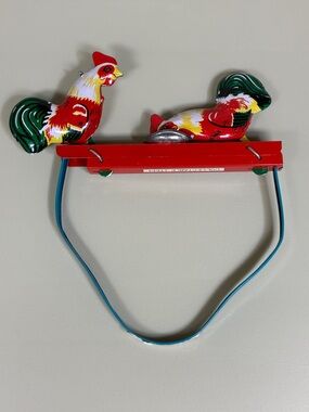 Vintage Tin Litho Mechanical Pecking Roosters Toy Hand Squeeze Collectible
